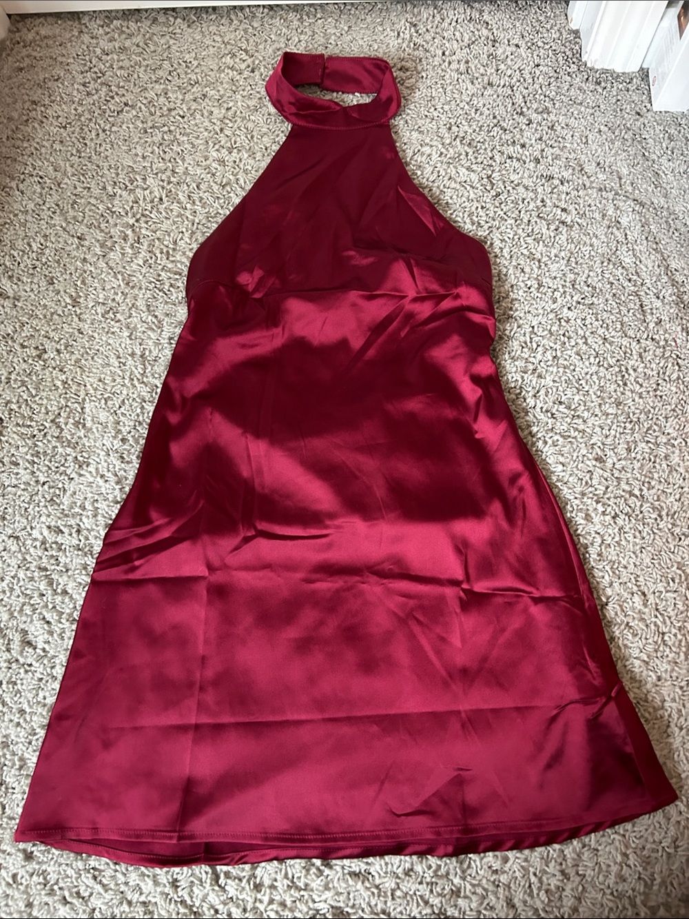Halter Mini Dress in Burgundy Satin